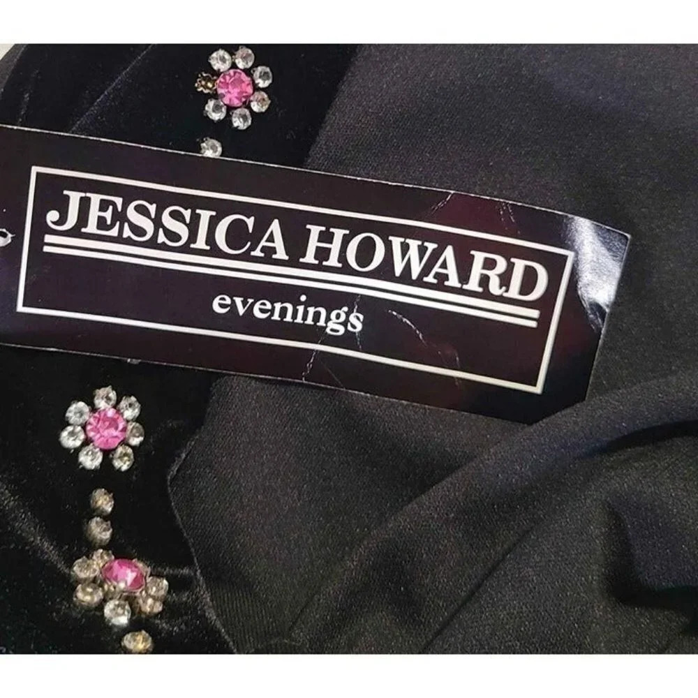 New Jessica Howard Evening Sequin Neckline Stretch Dress Black Velvet Feel 12 - Picture 6 of 8